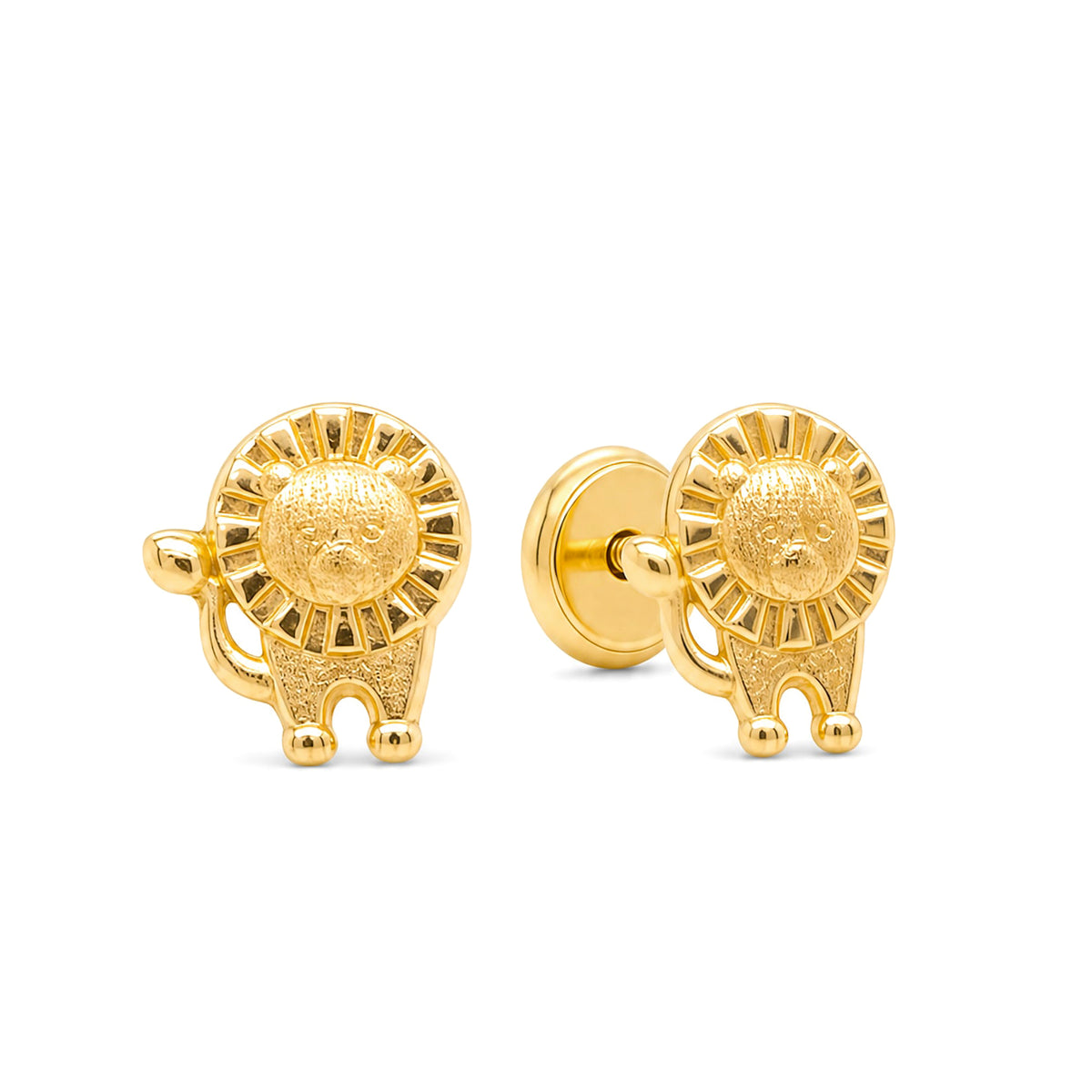 14K Yellow Gold Detailed Lion Screwback Earrings