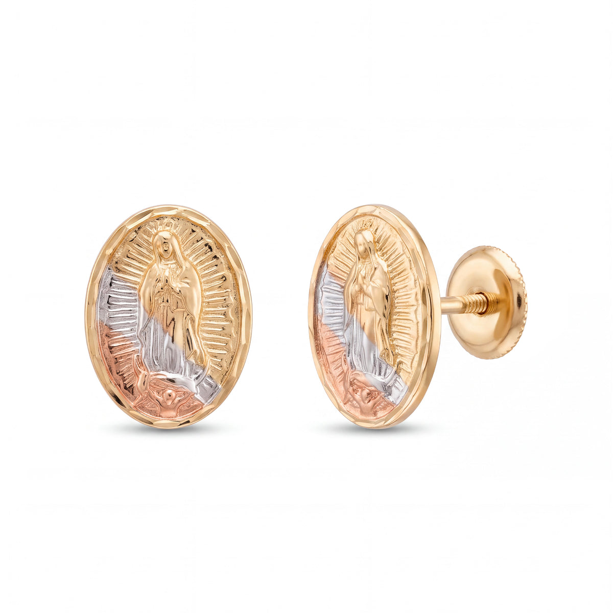 14K Tri-Color Gold Small Virgin Guadalupe Screwback Earrings