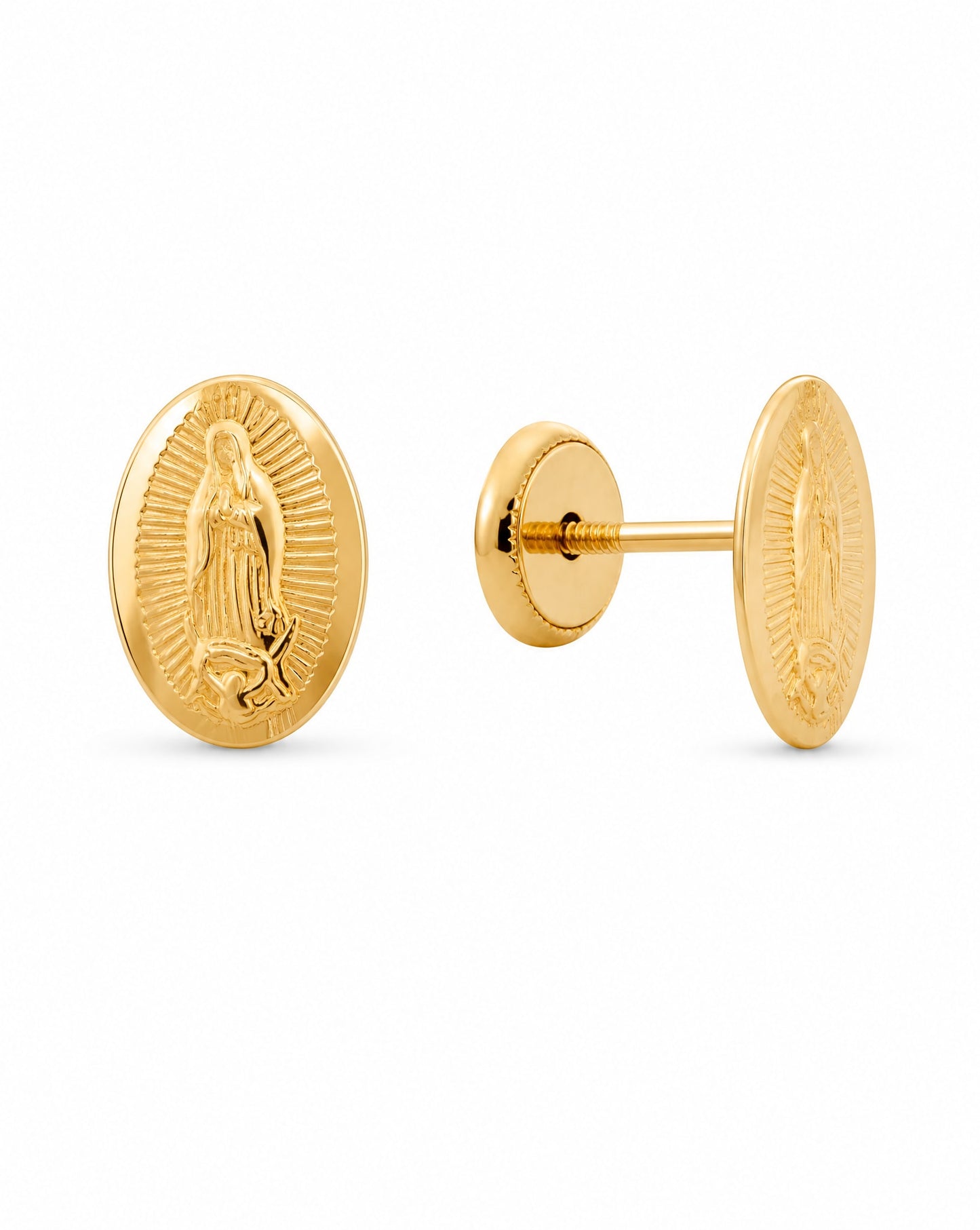 14K Yellow Gold Small Virgin Guadalupe Screwback Earrings-1