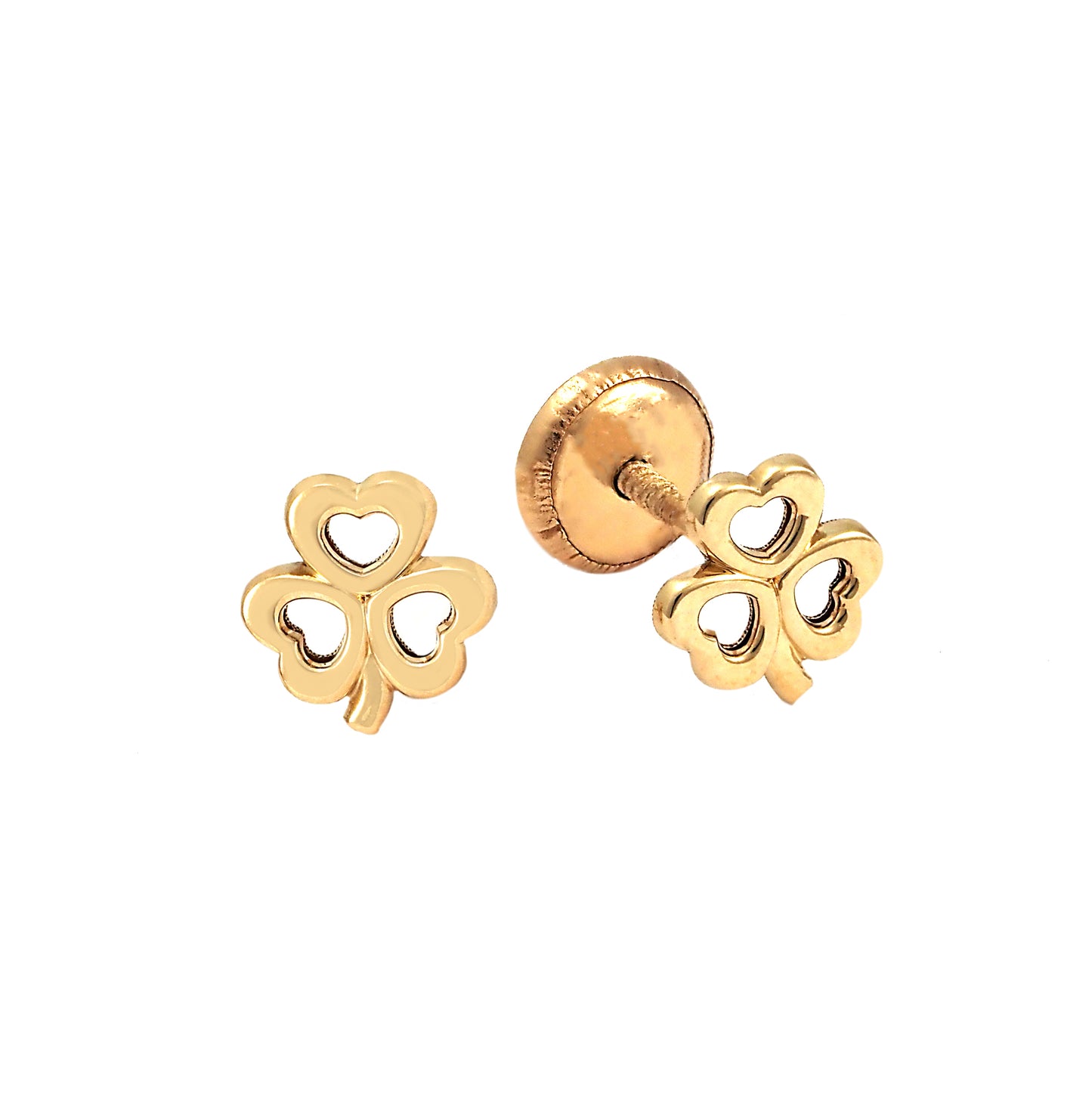 14K Yellow Gold Small Open Heart Clover Screwback Earrings