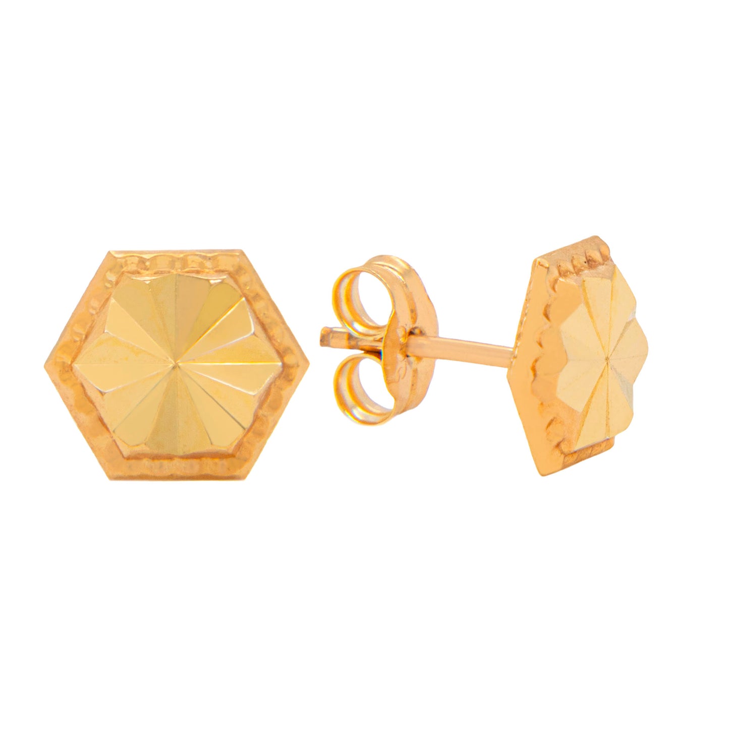 14K Yellow Gold Geometric Hexagon Stud Pushback Earrings