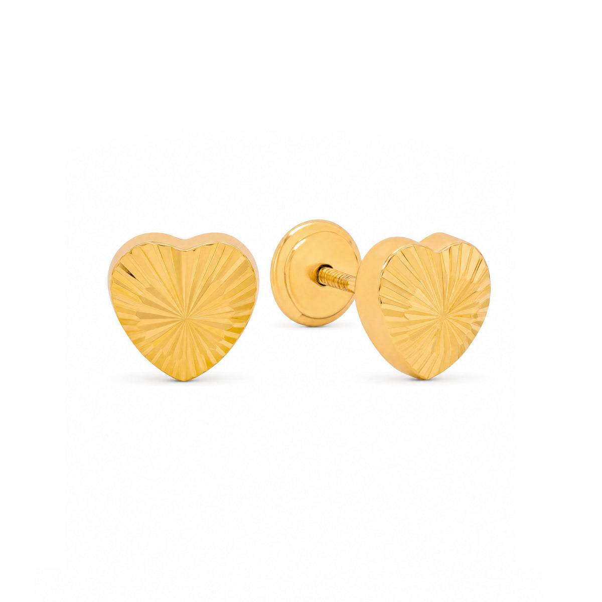 14K Yellow Gold Diamond Cut Heart Stud Screwback Earrings-4mm