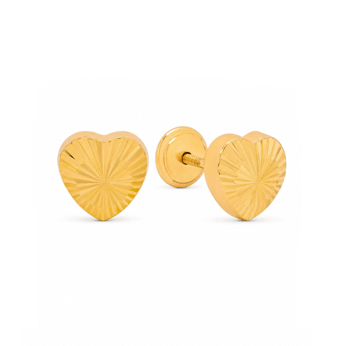 14K Yellow Gold Diamond Cut Heart Stud Screwback Earrings-5mm