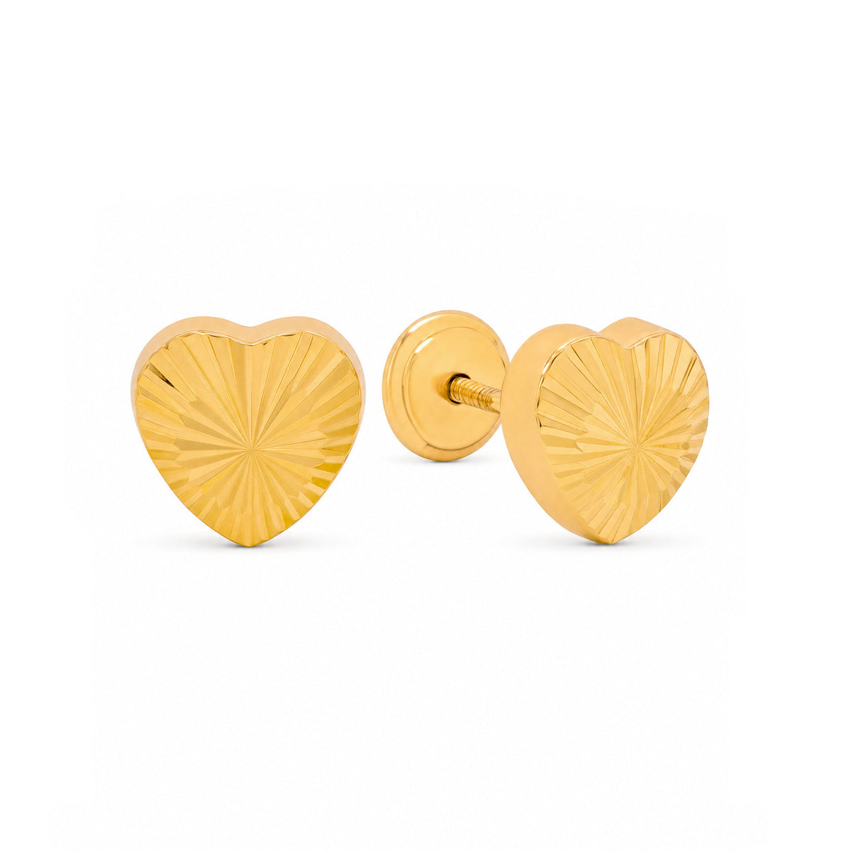 14K Yellow Gold Diamond Cut Heart Stud Screwback Earrings-6mm