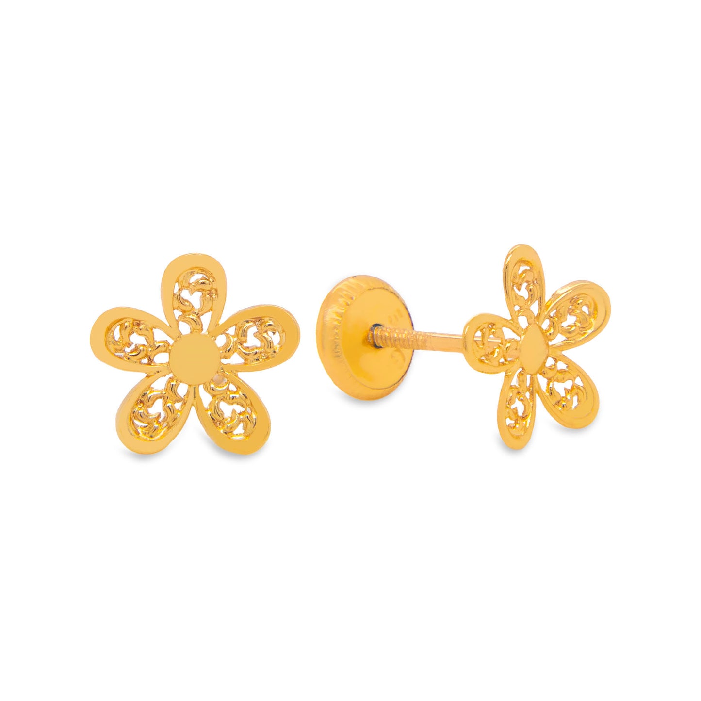 14K Yellow Gold Medium Filigree Flower Screwback Earrings