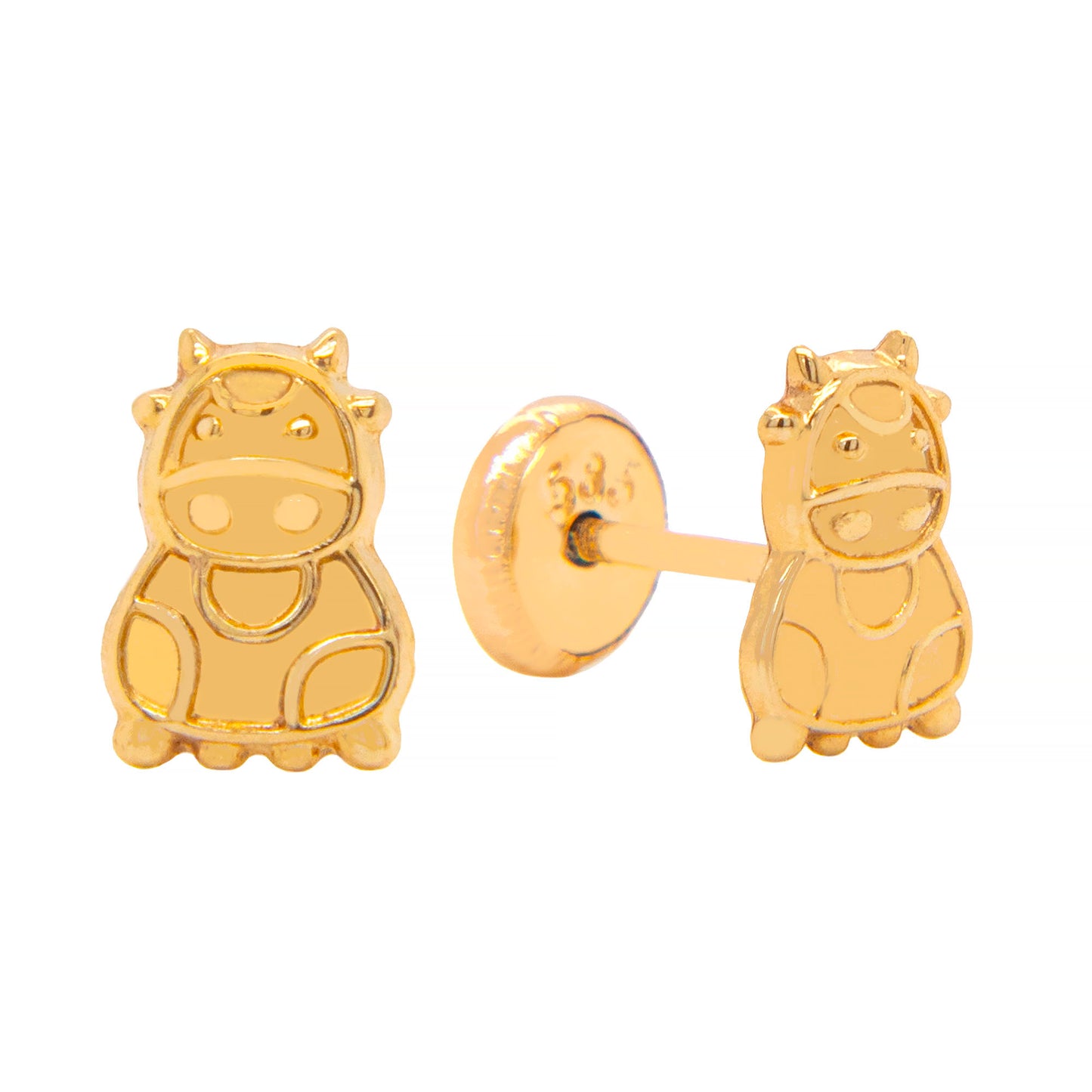 14K Yellow Gold Detailed Cow Screwback Earrings