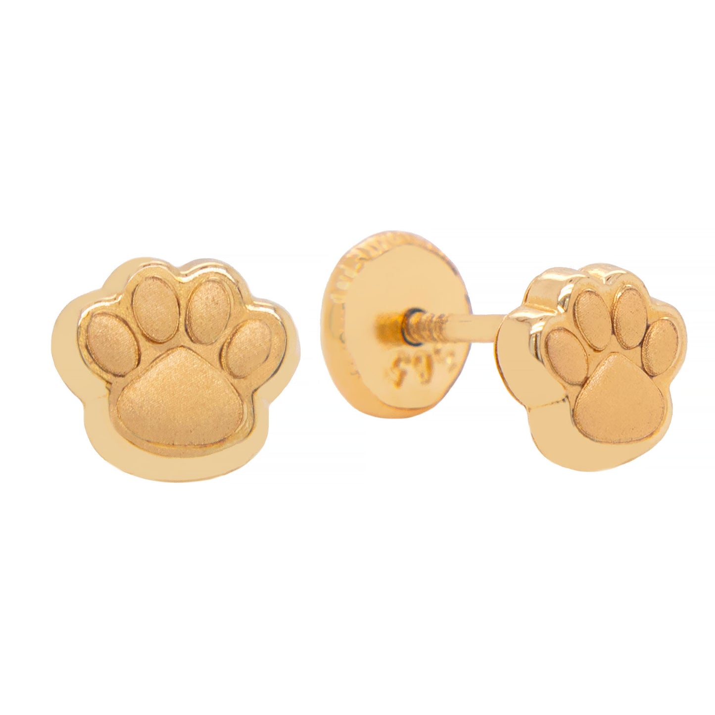 14K Yellow Gold Matte Paw Print Screwback Earrings