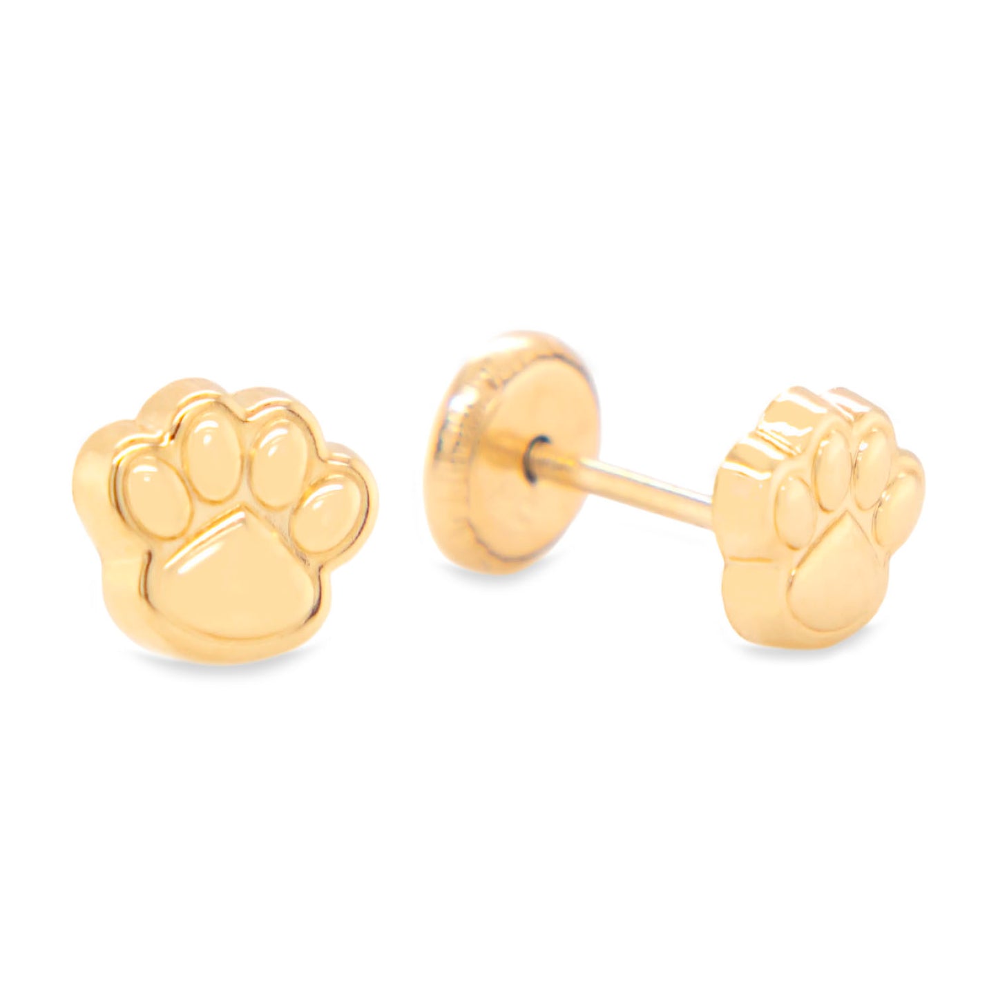 14K Yellow Gold Polished Paw Print Screwback Earrings