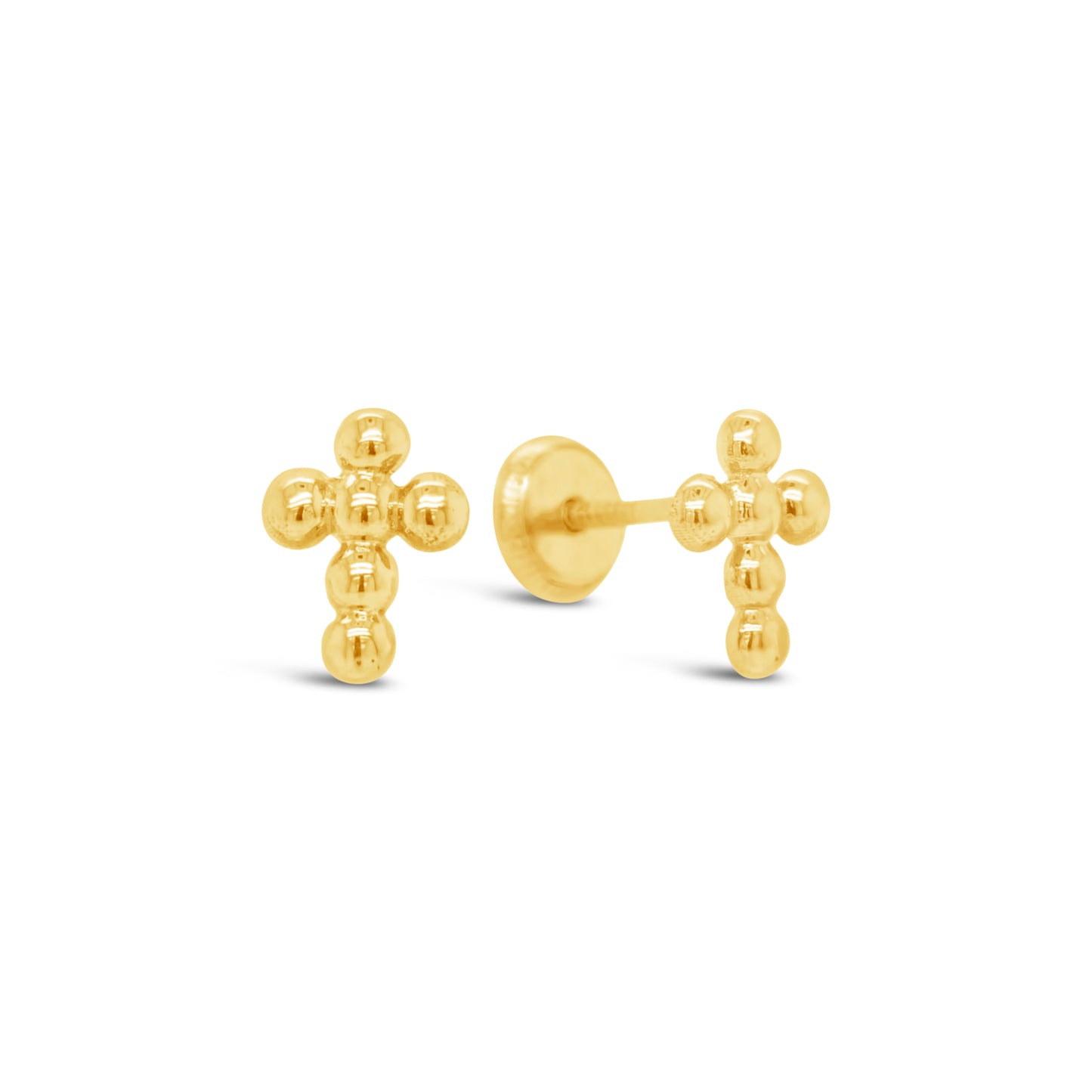 14K Yellow Gold Large Beaded Cross Screwback Earrings
