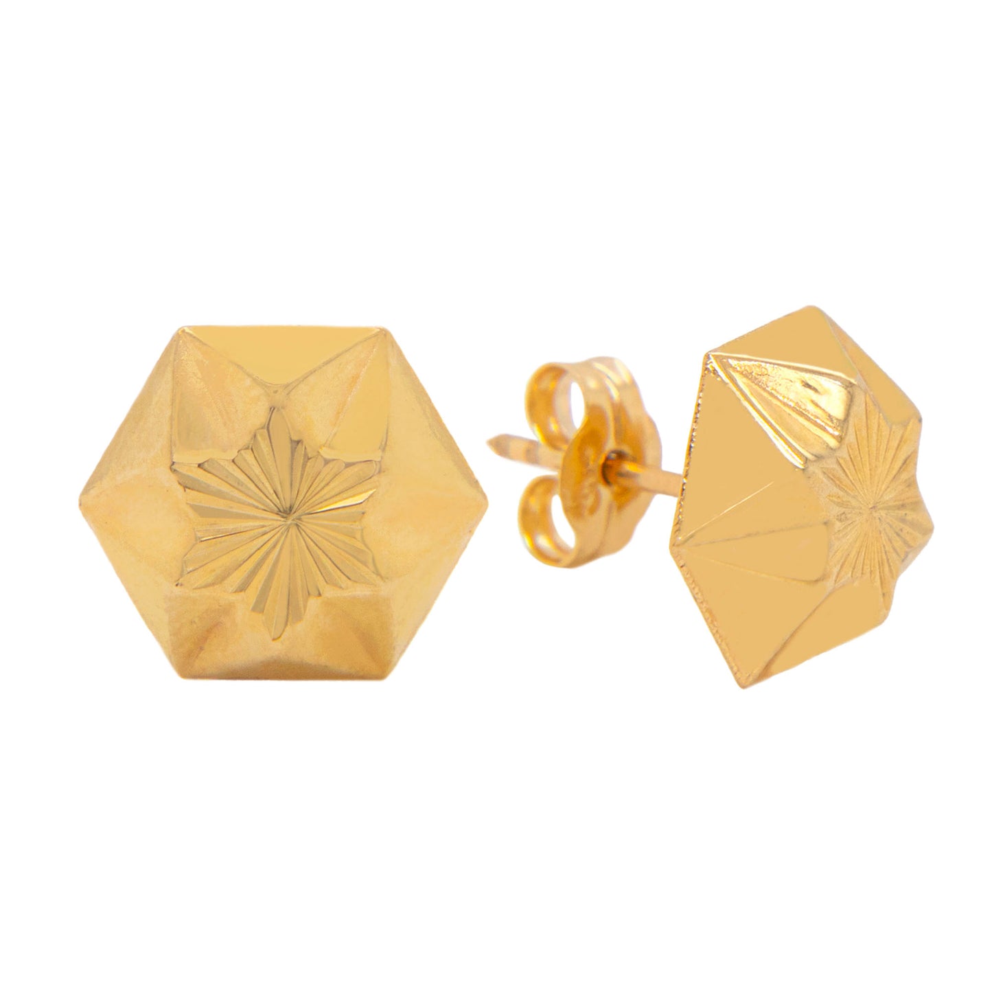 14K Yellow Gold Detailed Geometric Hexagon Stud Pushback Earrings