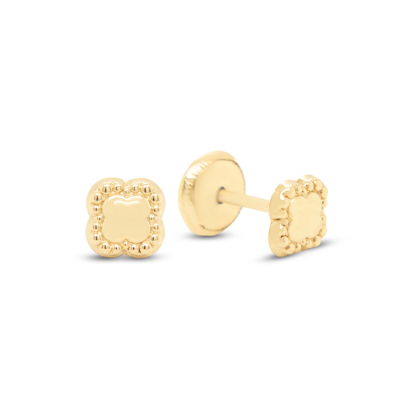 14K Yellow Gold Small Beaded Clover Screwback Earrings