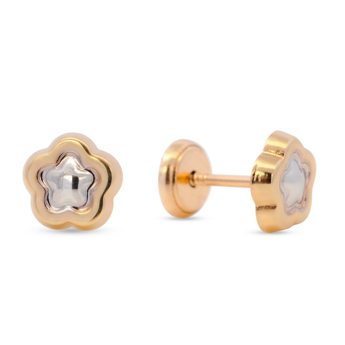 14K Two-Tones Gold Small Flower Screwback Earrings