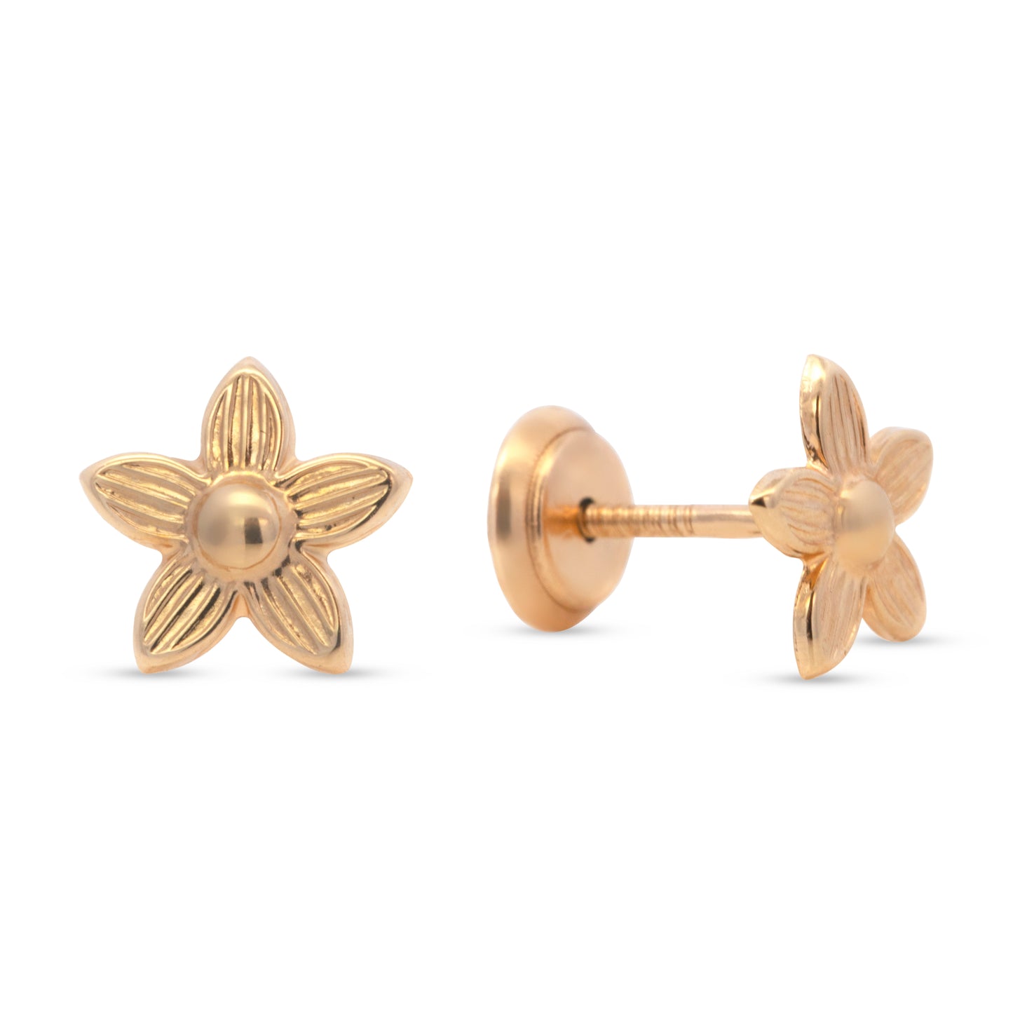 14K Yellow Gold Detailed Petal Flower Screwback Earrings