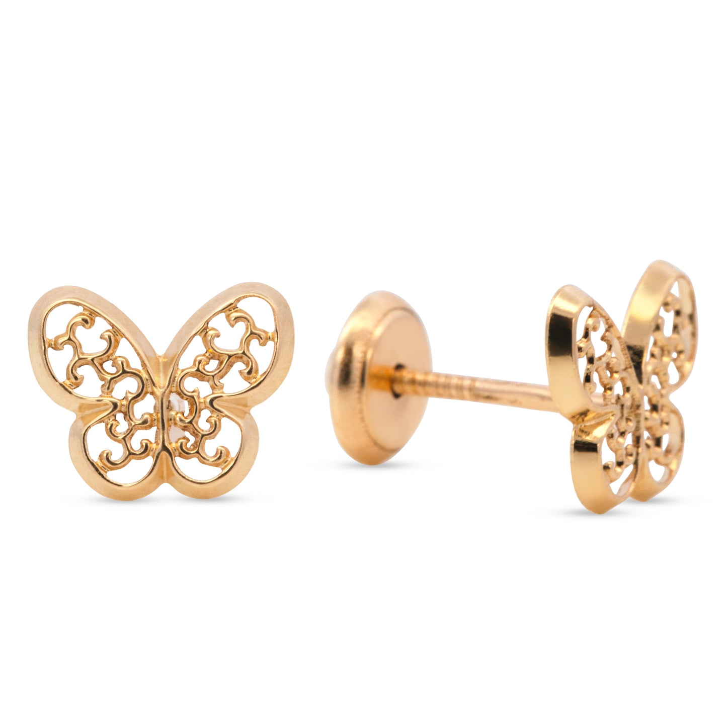 14K Yellow Gold Filigree Butterfly Screwback Earrings