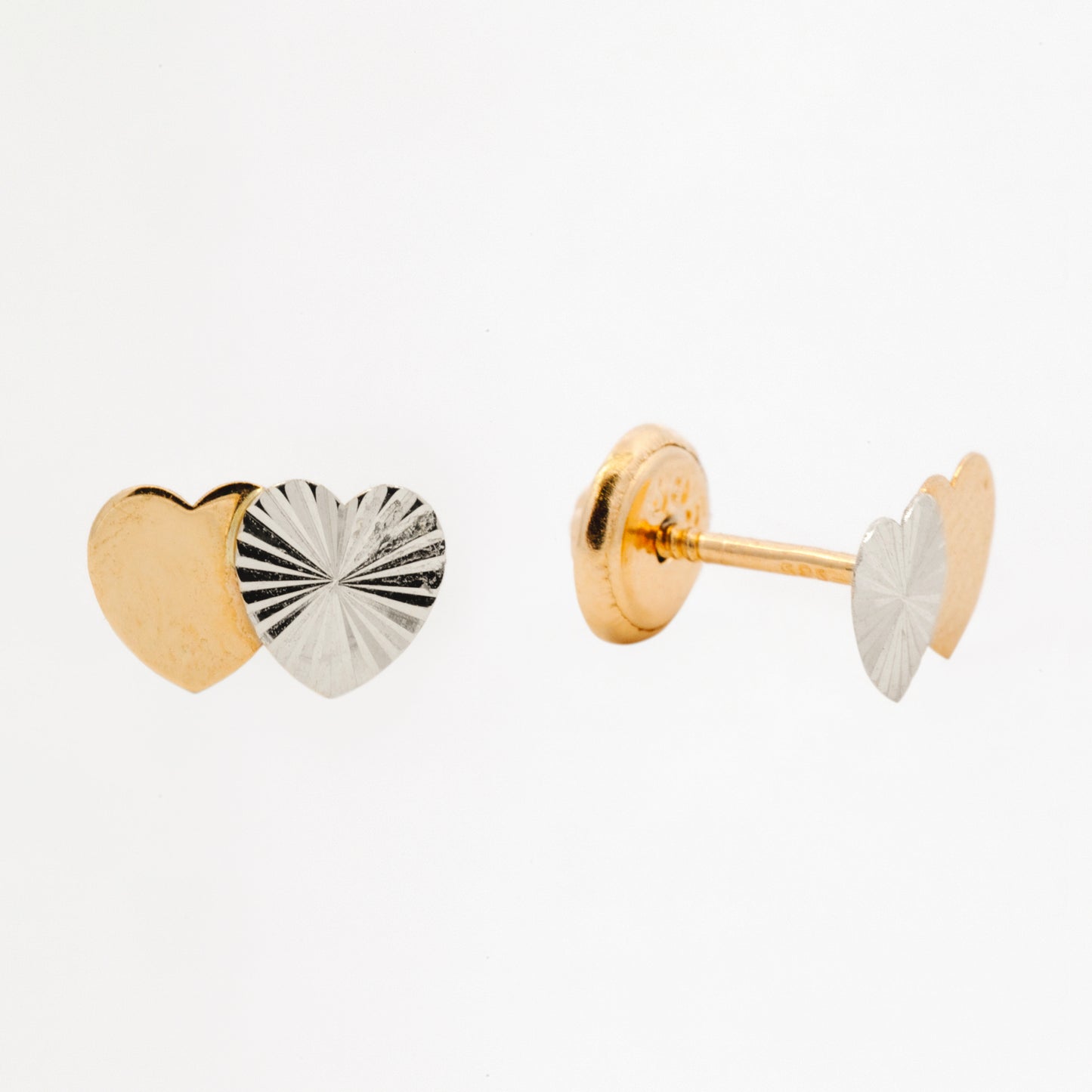 14K Two-Tones Plain and Diamond Cut Heart Screwback Earring
