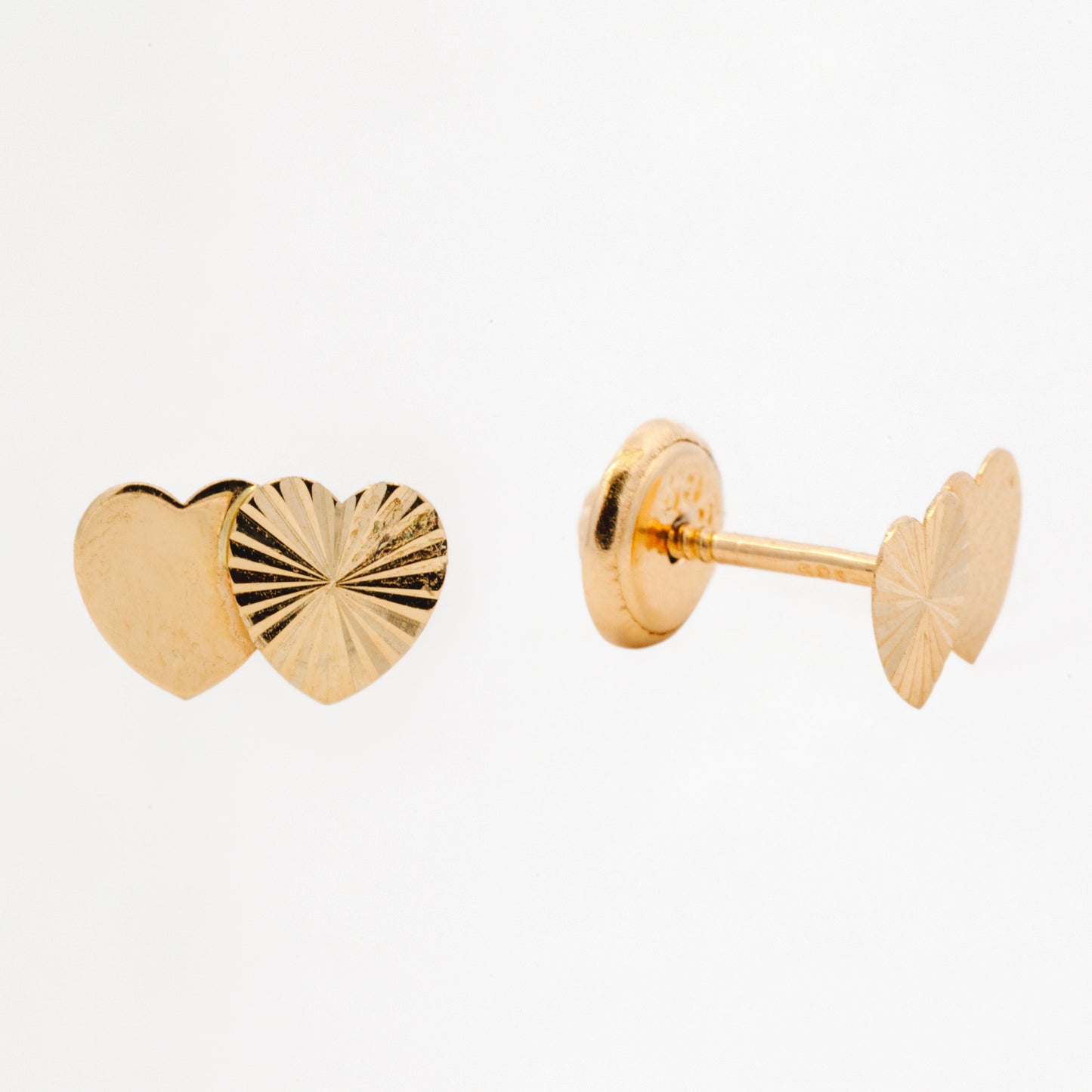 14K Yellow Gold Plain and Diamond Cut Heart Screwback Earring