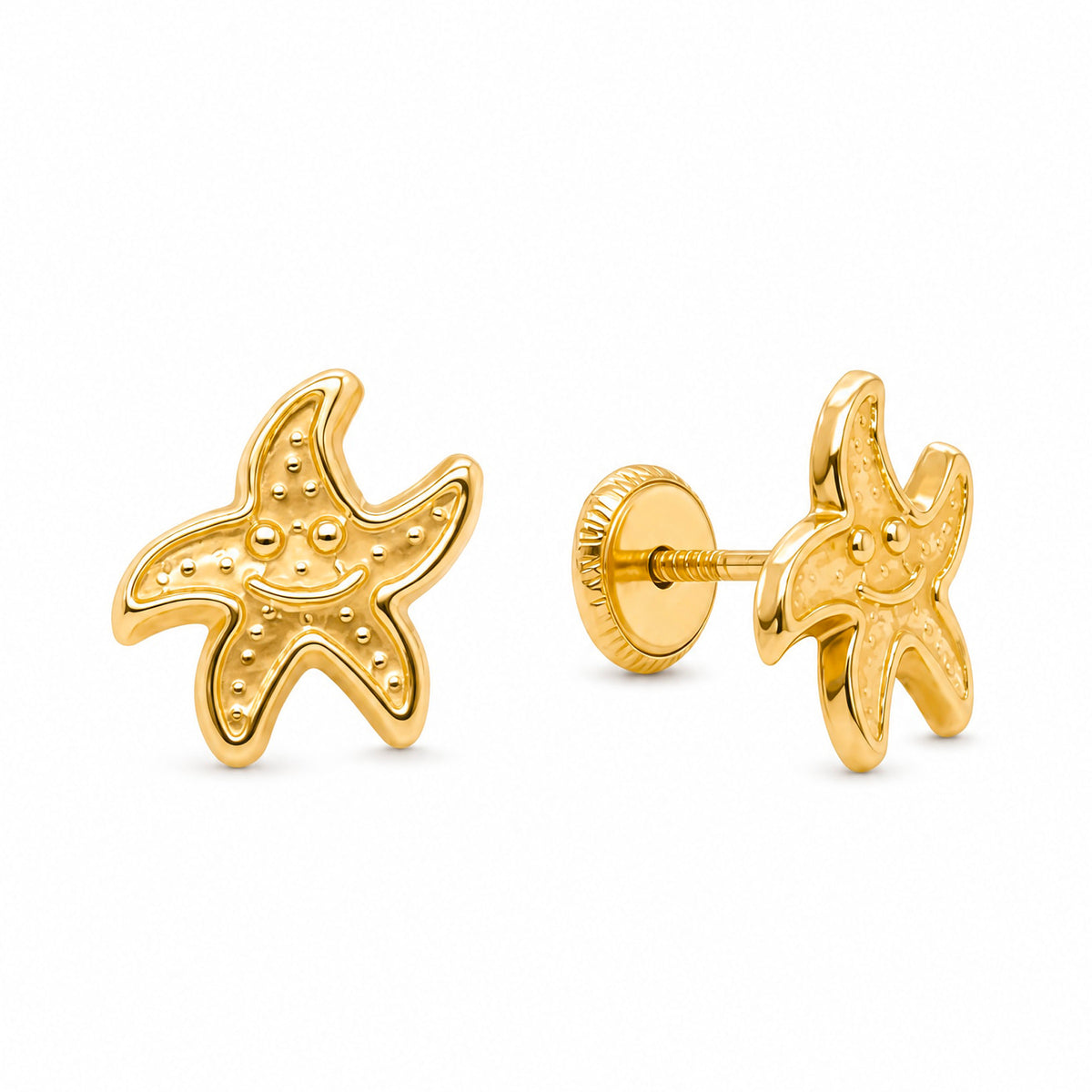 14K Yellow Gold Detailed Starfish Screwback Earrings