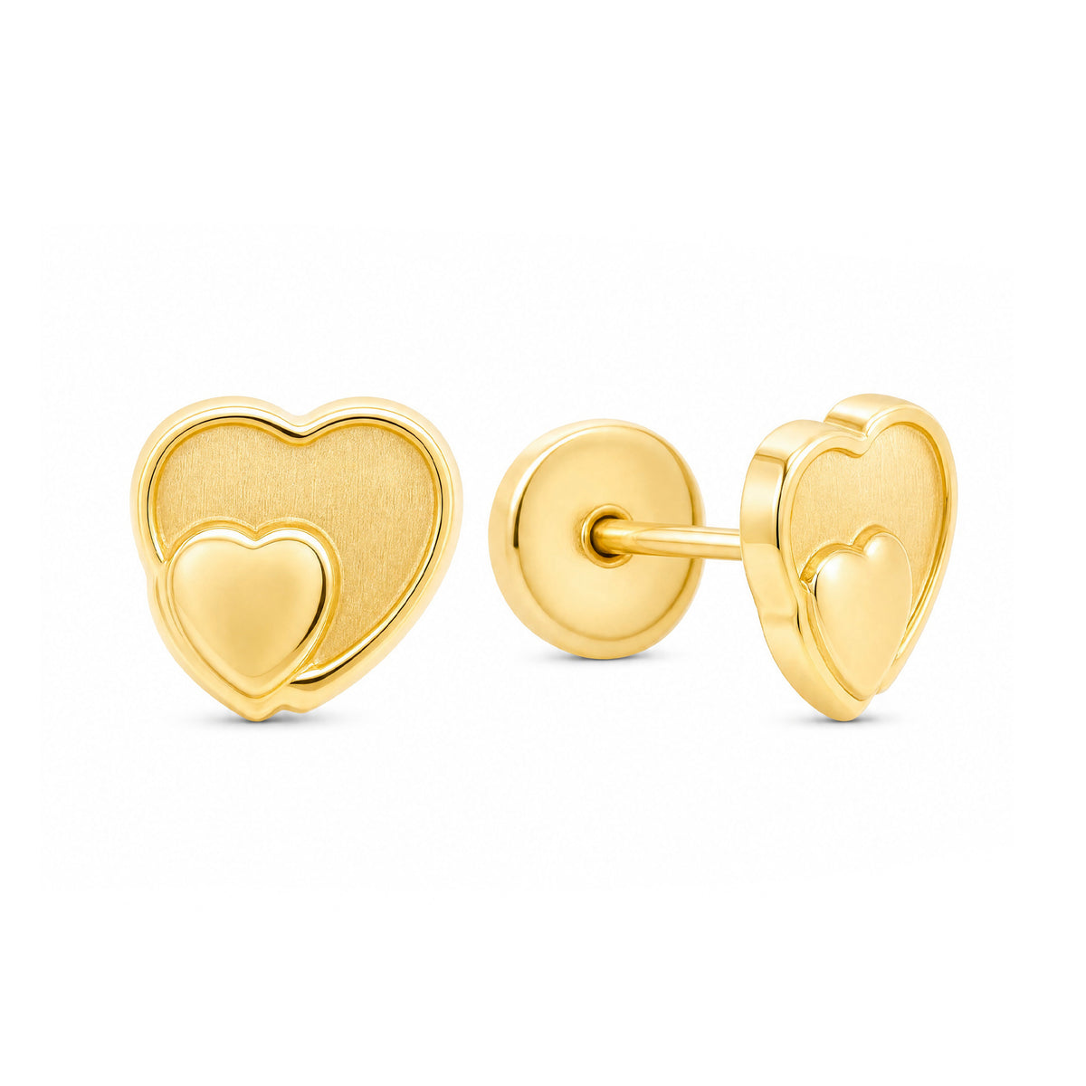 14K Yellow Gold Double Heart Stud Screwback Earrings