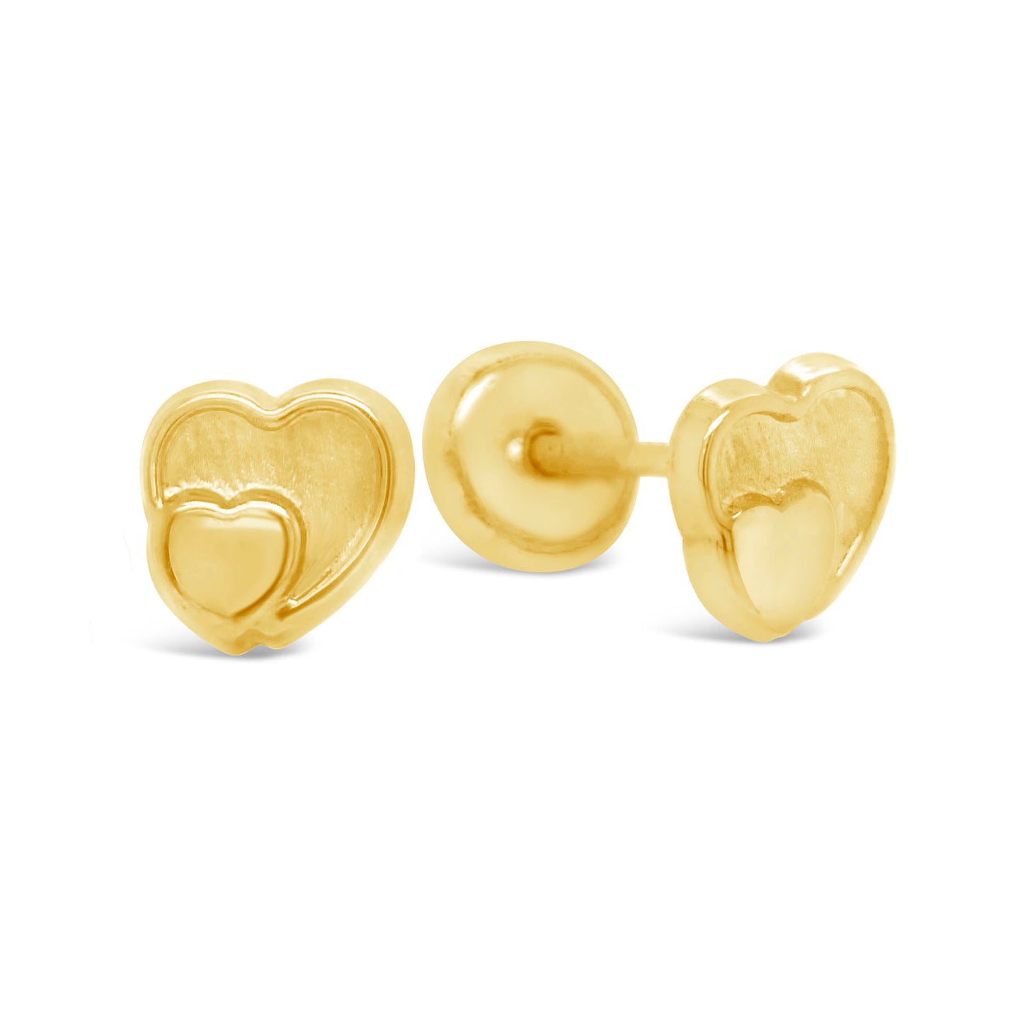 14K Yellow Gold Double Heart Stud Screwback Earrings