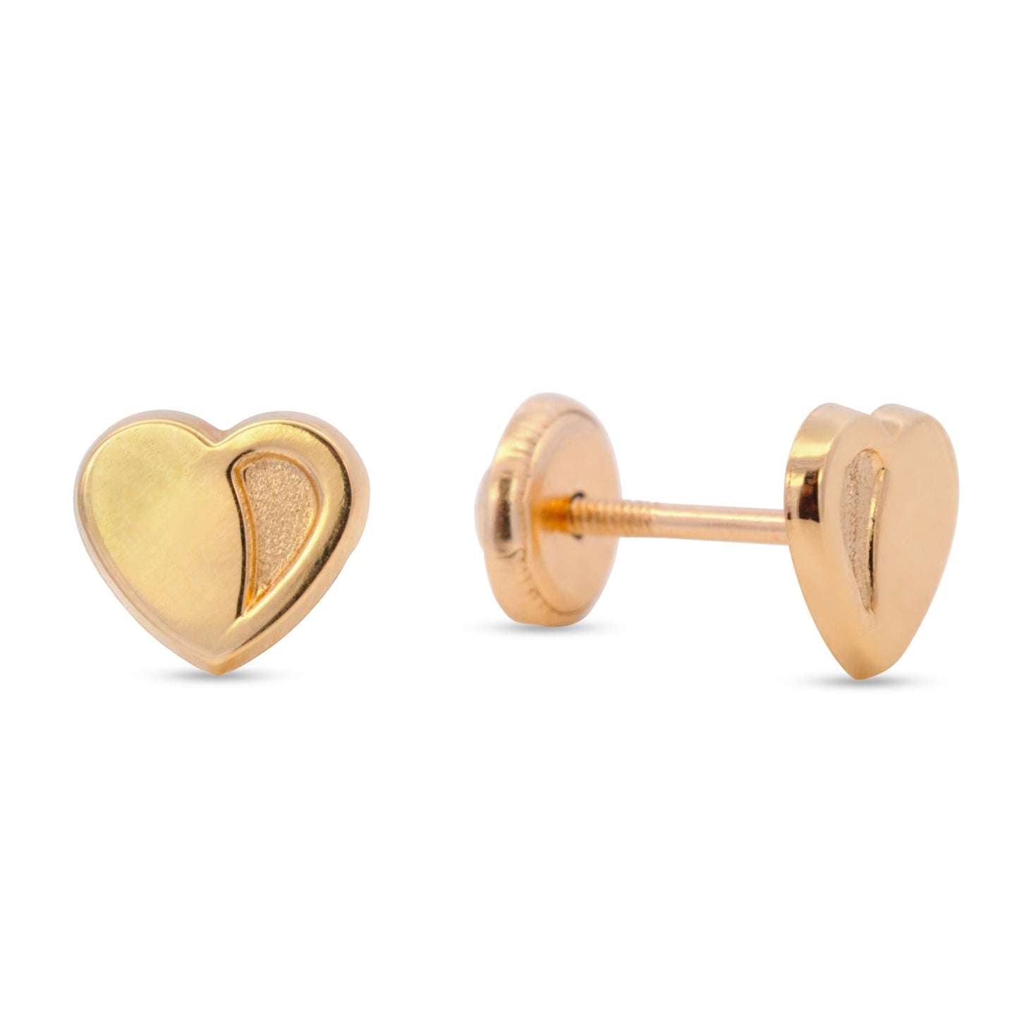 14K Yellow Gold Heart With Matte Detail Stud Screwback Earrings