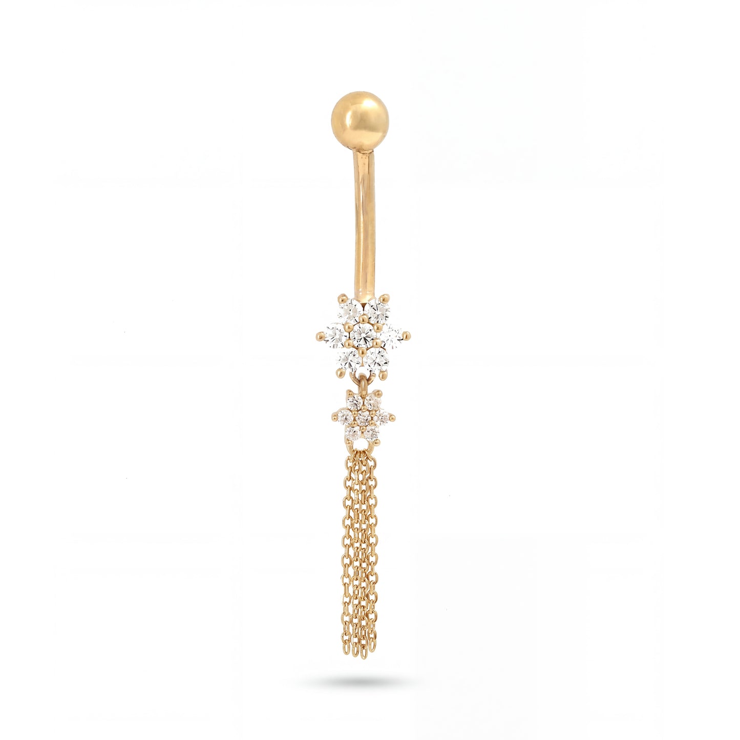 14K Yellow Gold Double Star White CZ Layered Gold Chain Dangle Belly Ring