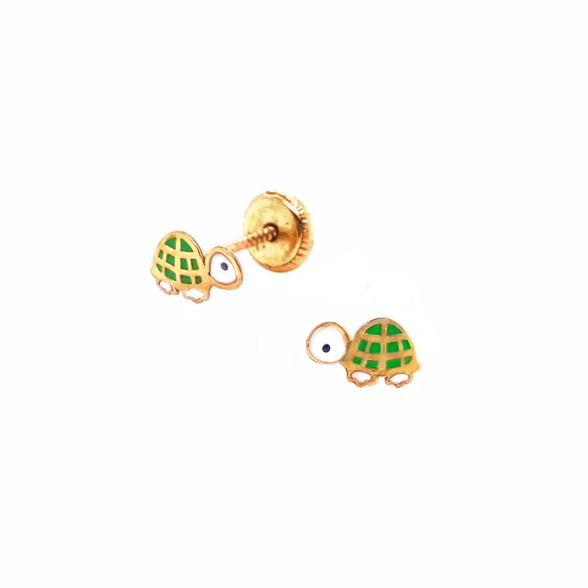14K Yellow Gold Enamel Green Turtle Screwback Earrings