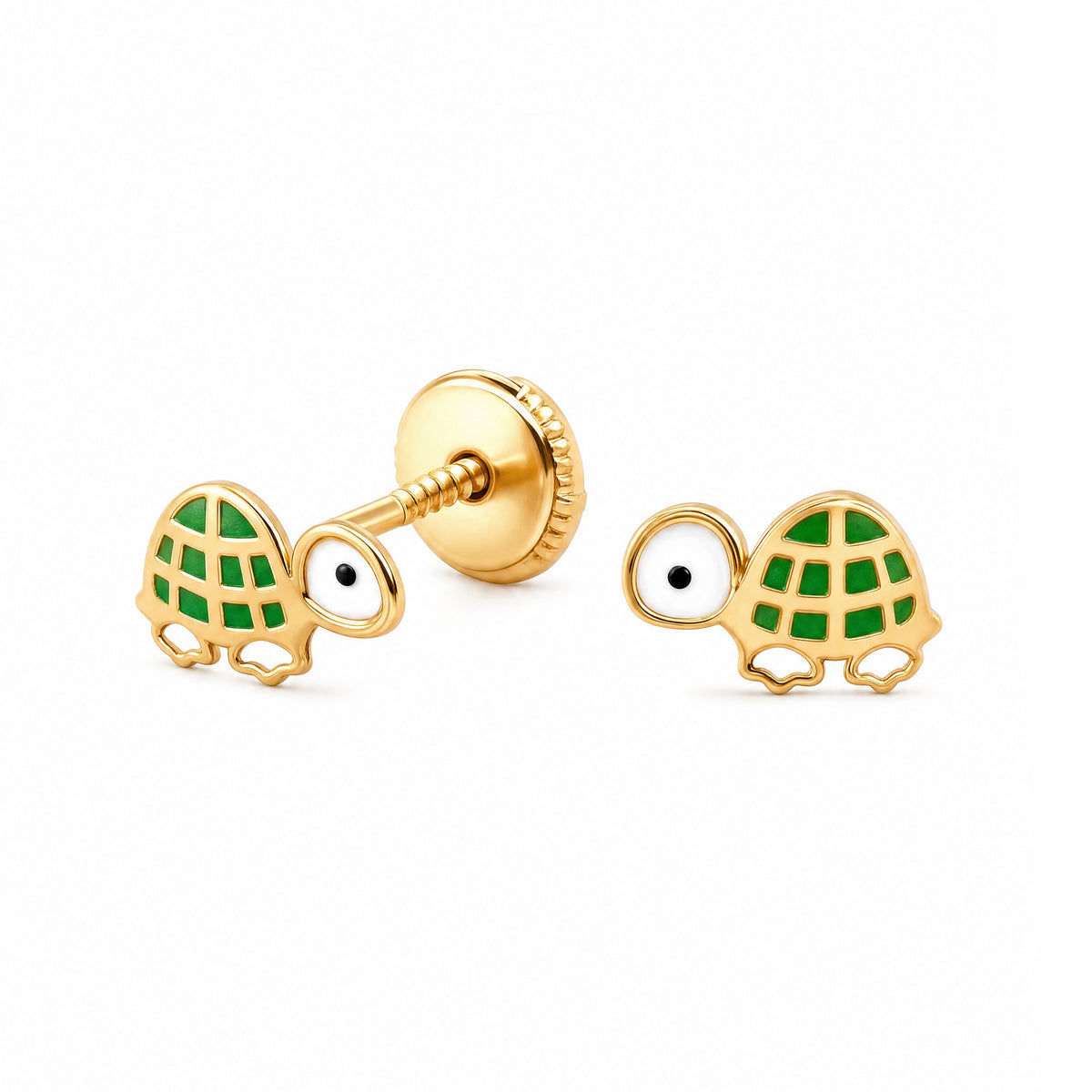 14K Yellow Gold Enamel Green Turtle Screwback Earrings