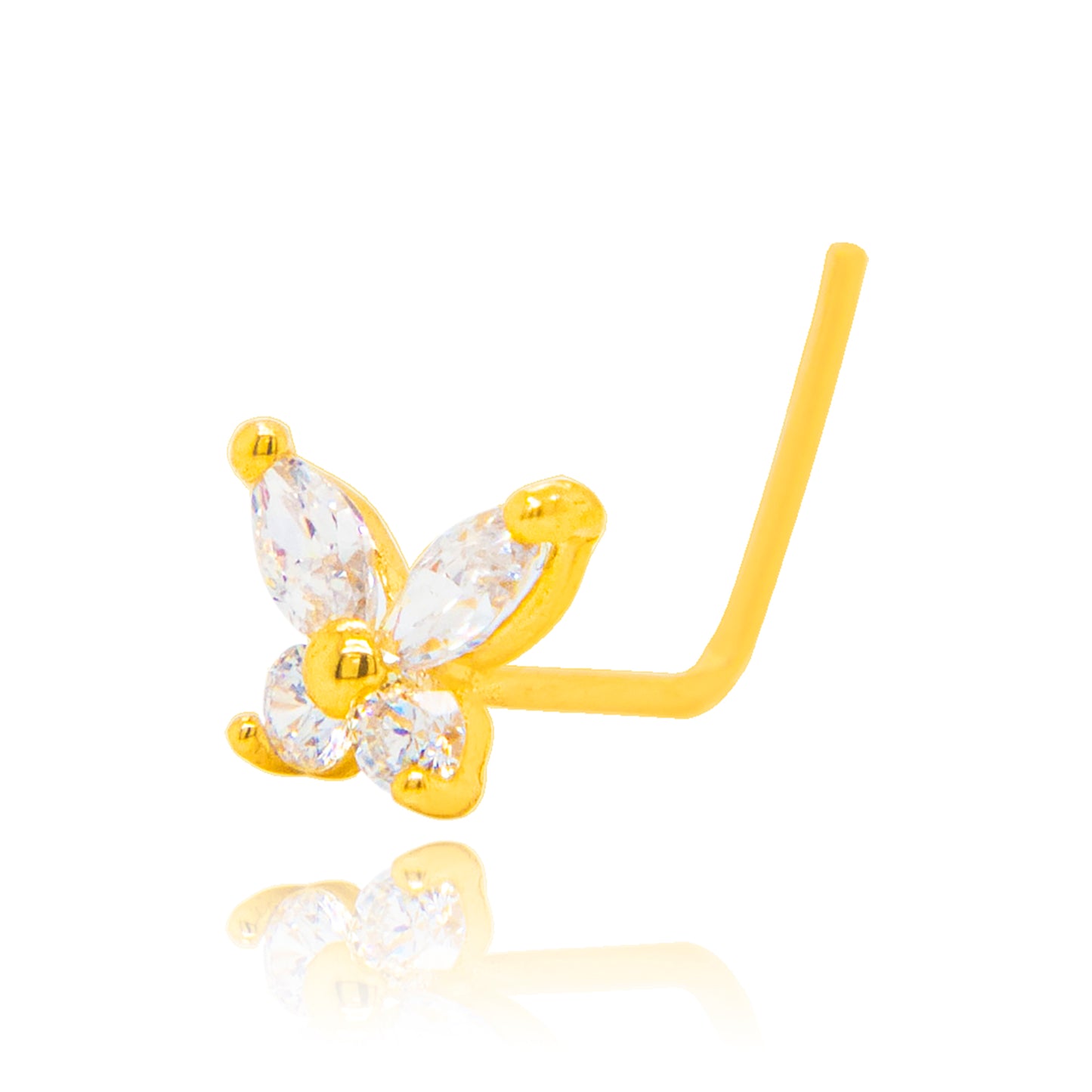 14K Yellow Gold Unique Butterfly CZ Cluster L-Bar Nose Ring