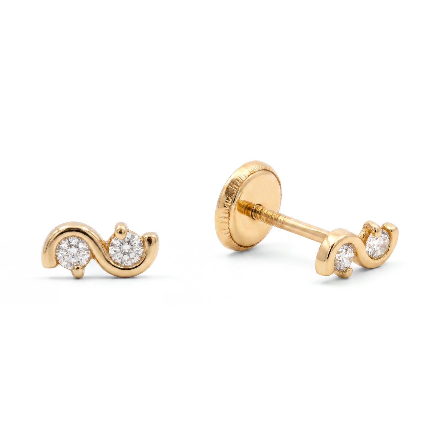 14K Yellow Gold CZ Tiny Wavy Shape Screwback Earrings
