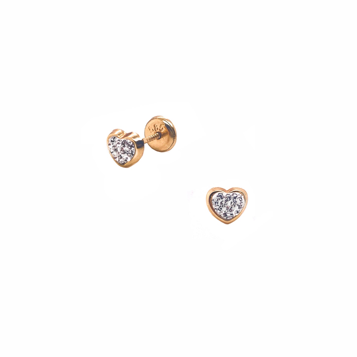 14K Yellow Gold Crystal Heart Stud Screwback Earrings