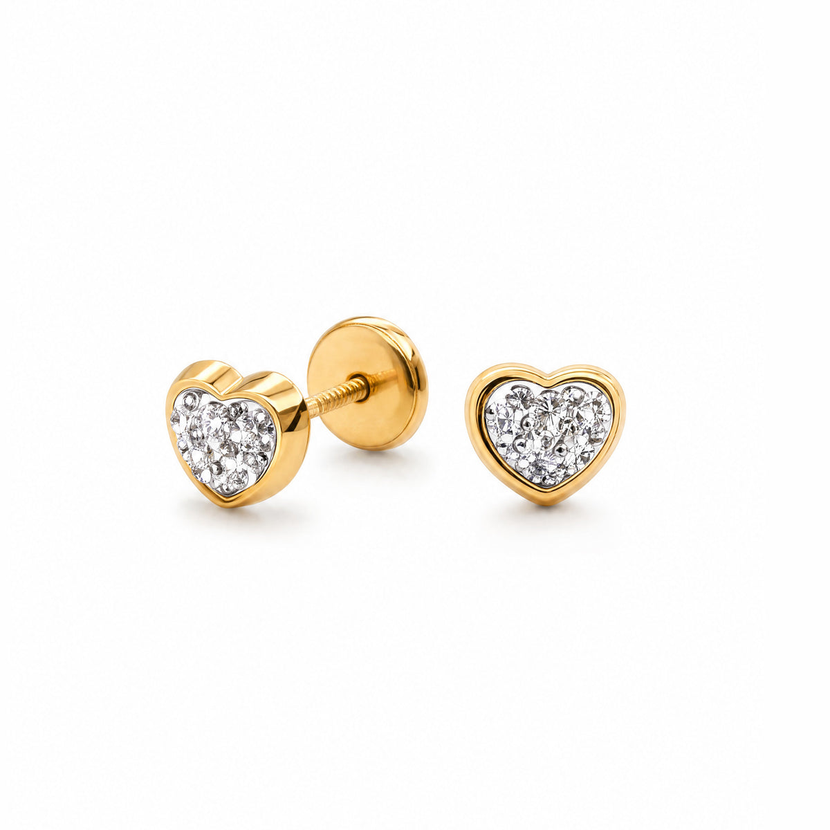 14K Yellow Gold Crystal Heart Stud Screwback Earrings