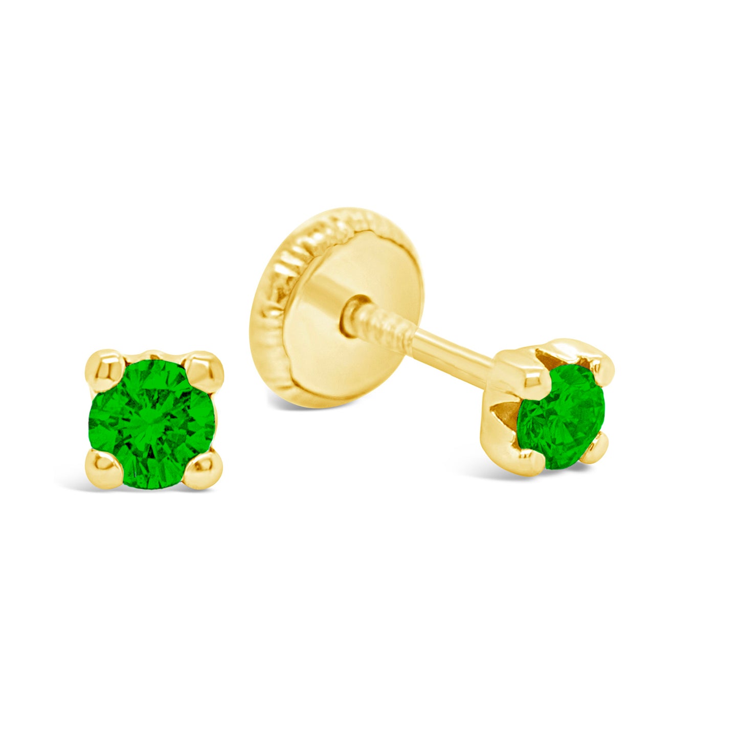14K Yellow Gold 3MM Green CZ Stud Screwback Earrings