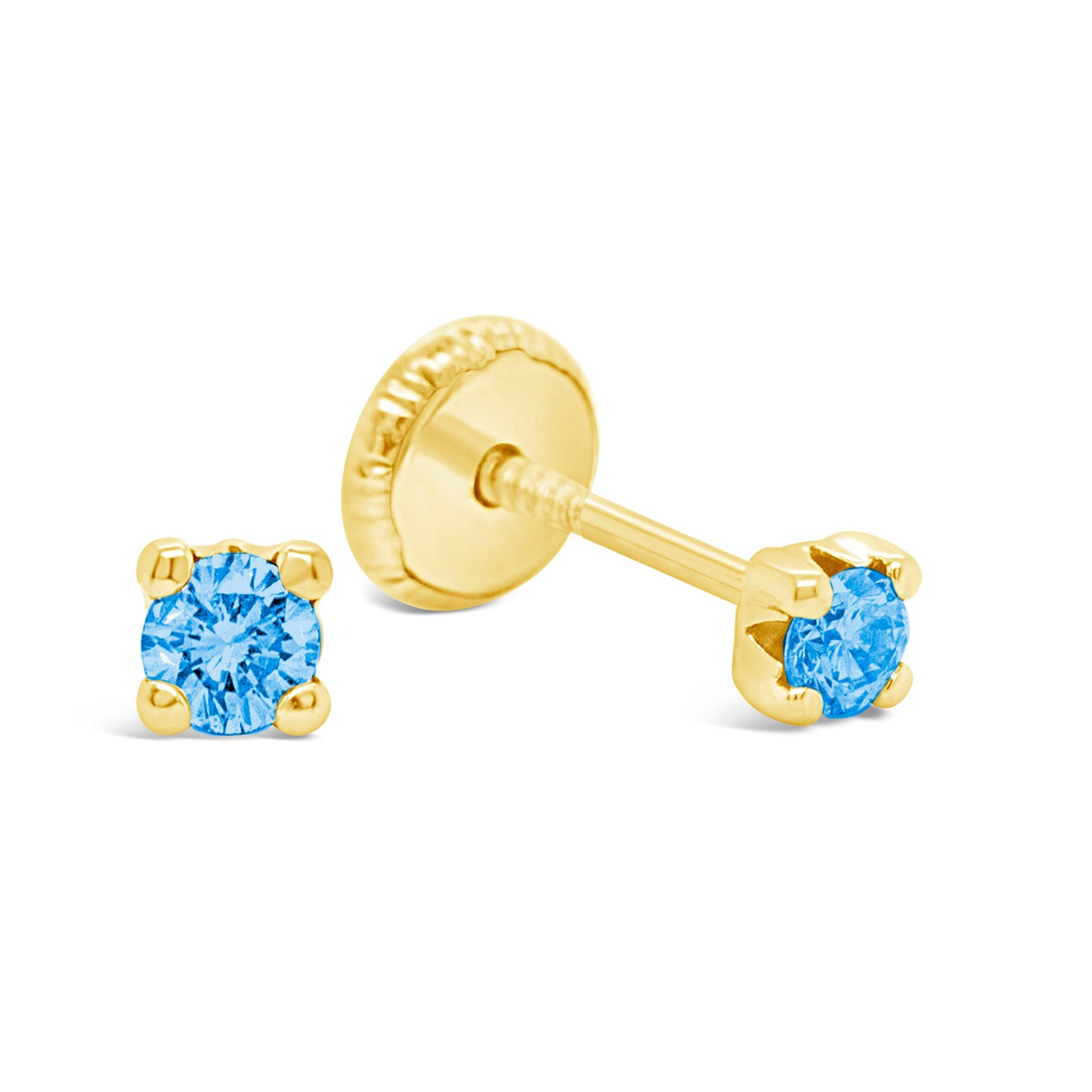 14K Yellow Gold 3MM Light Blue CZ Stud Screwback Earrings