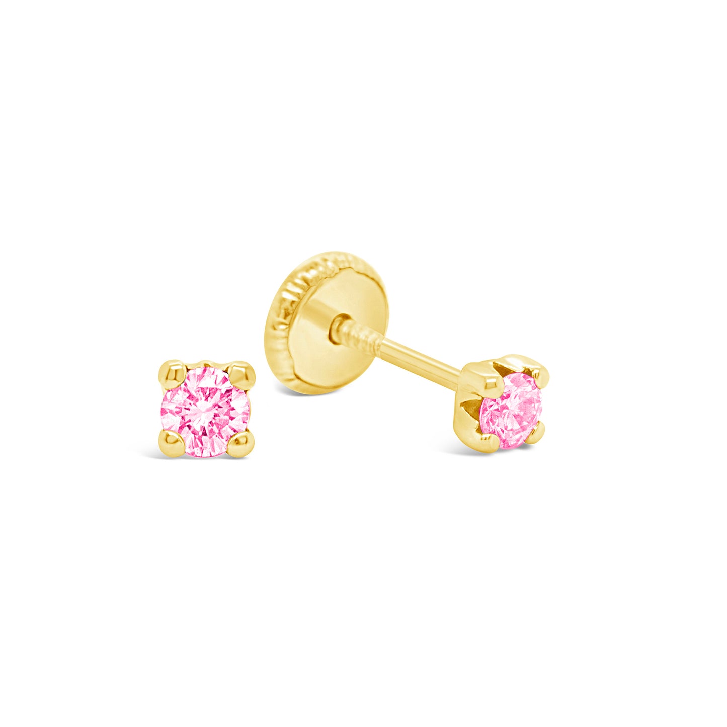 14K Yellow Gold 3MM Pink CZ Stud Screwback Earrings