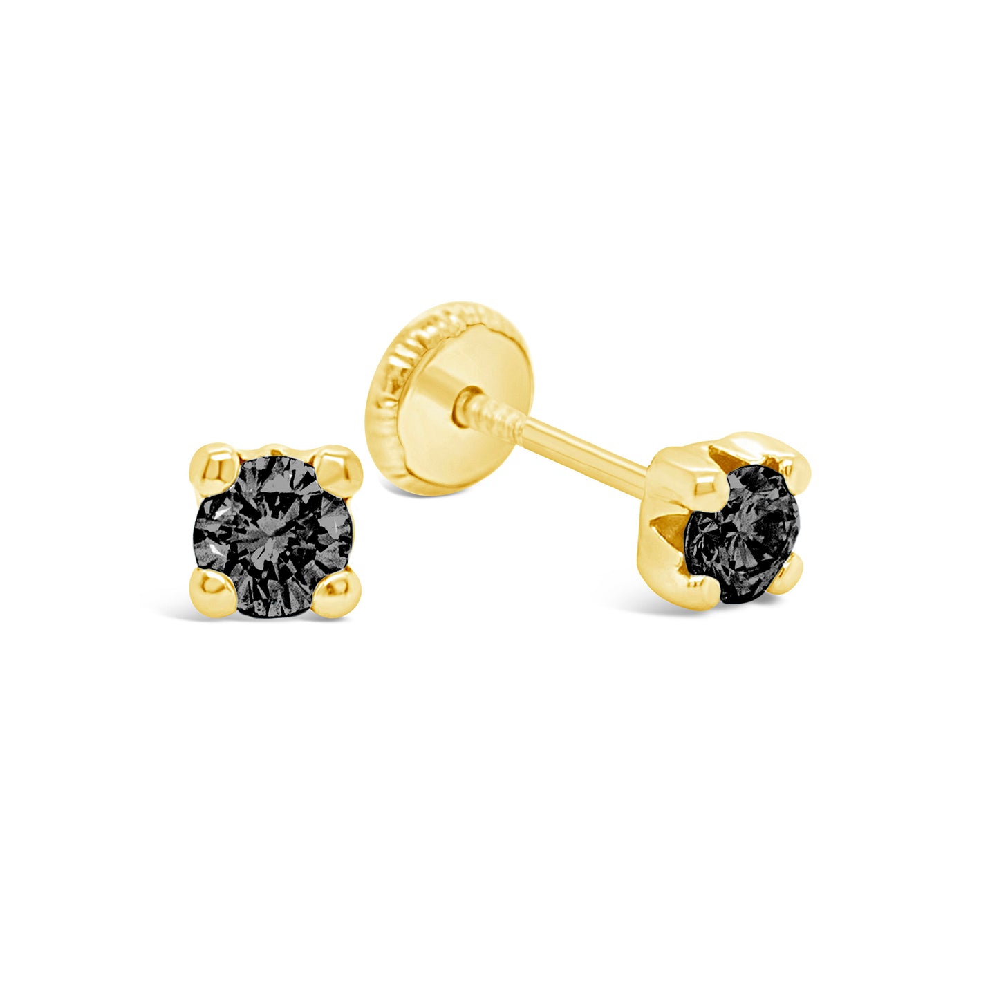 14K Yellow Gold 4MM Black CZ Stud Screwback Earrings
