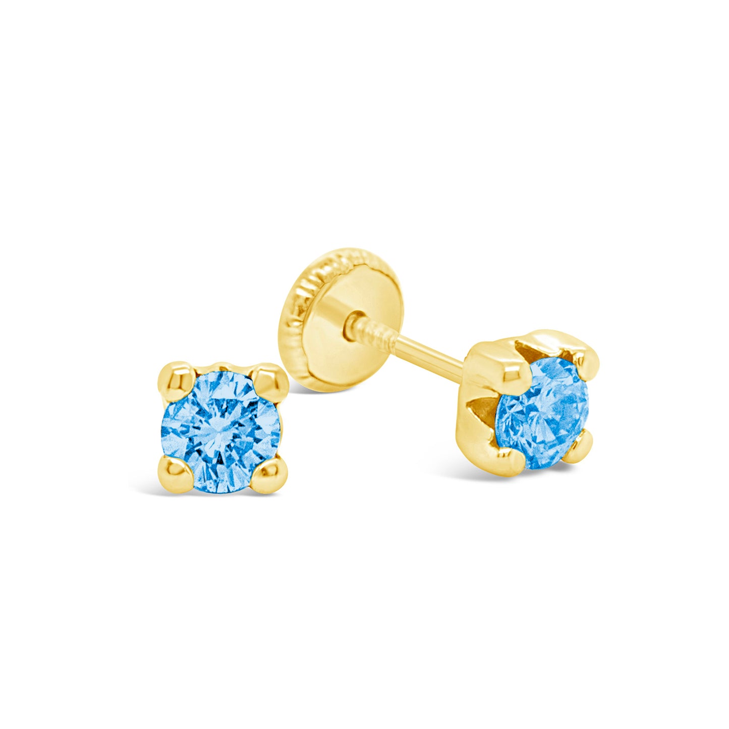 14K Yellow Gold 5MM Light Blue CZ Stud Screwback Earrings