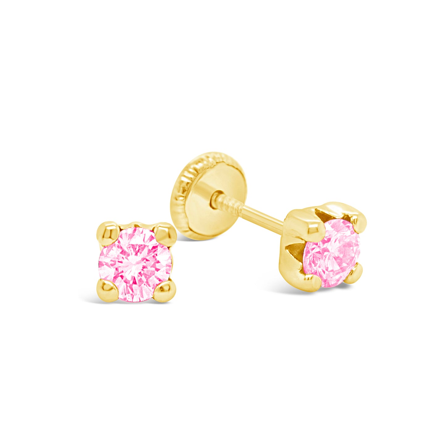 14K Yellow Gold 5MM Pink CZ Stud Screwback Earrings