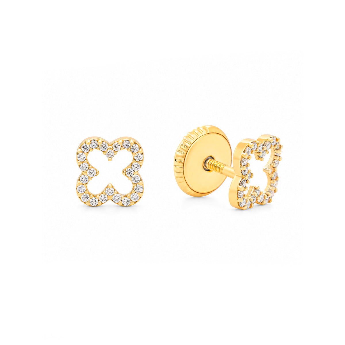 14K Yellow Gold Extra Small Open Clover Pave White CZ Stud Screwback Earrings