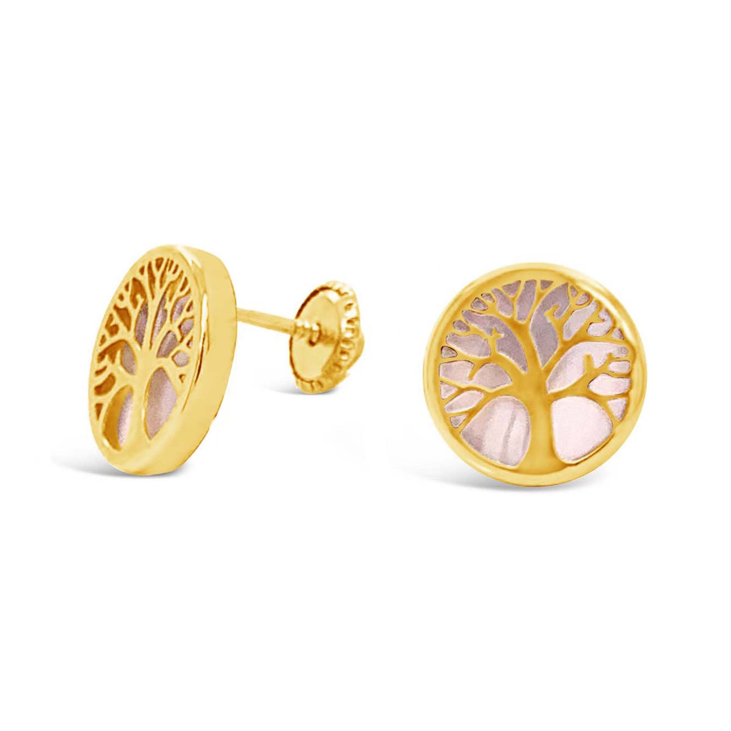 14K Yellow Gold Medium Mother of Pearl Tree of Life Screwback Earrings