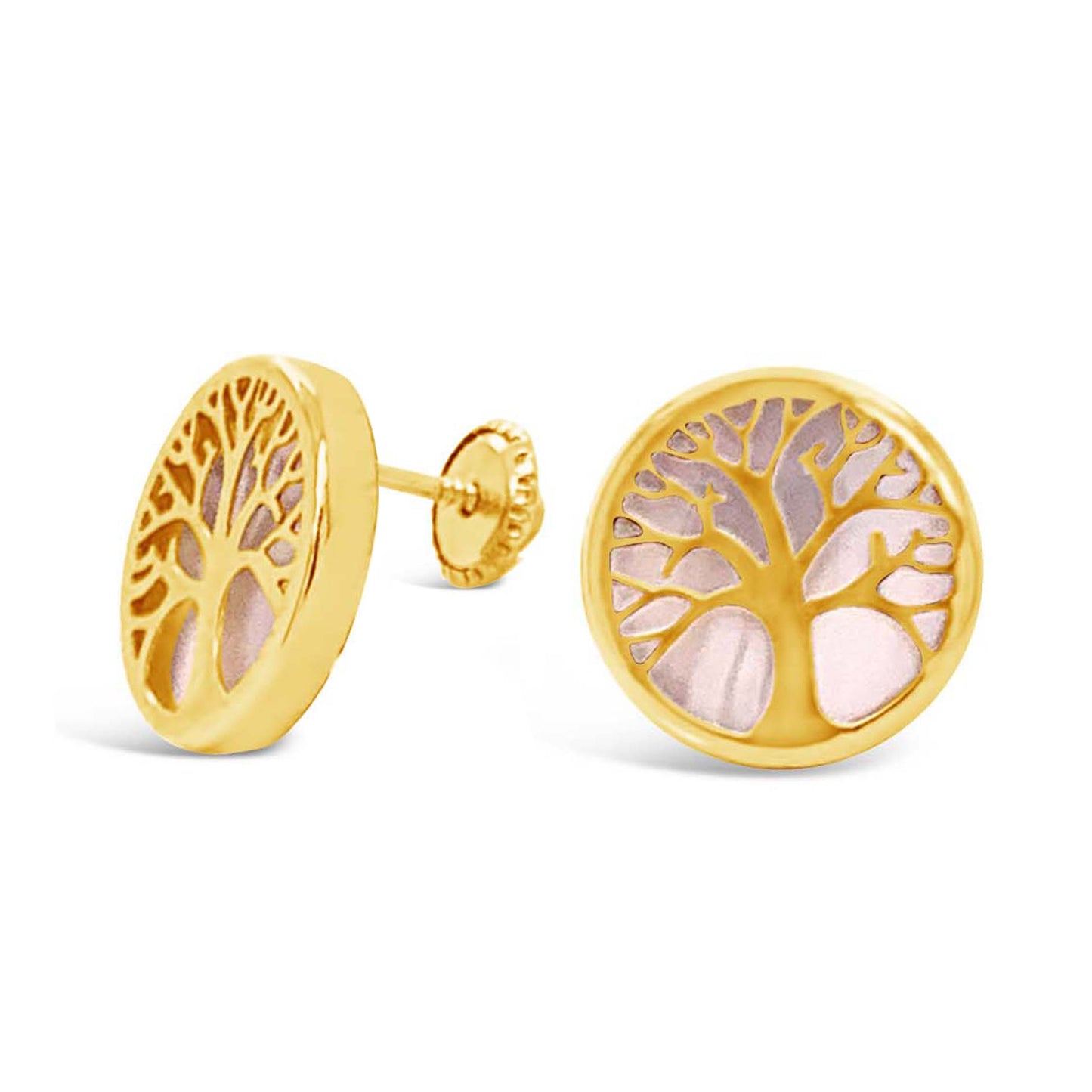 14K Yellow Gold Extra Large Mother of Pearl Tree of Life Screwback Earrings