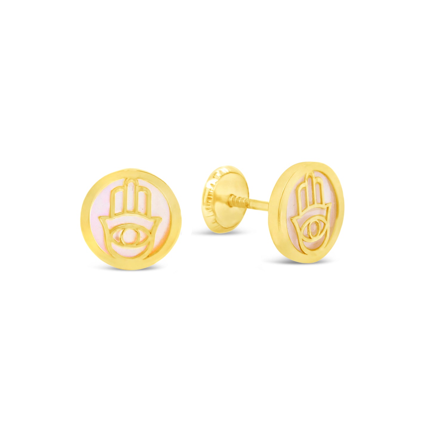 14K Yellow Gold Small Mother of Pearl Round Hamsa Screwback Earrings