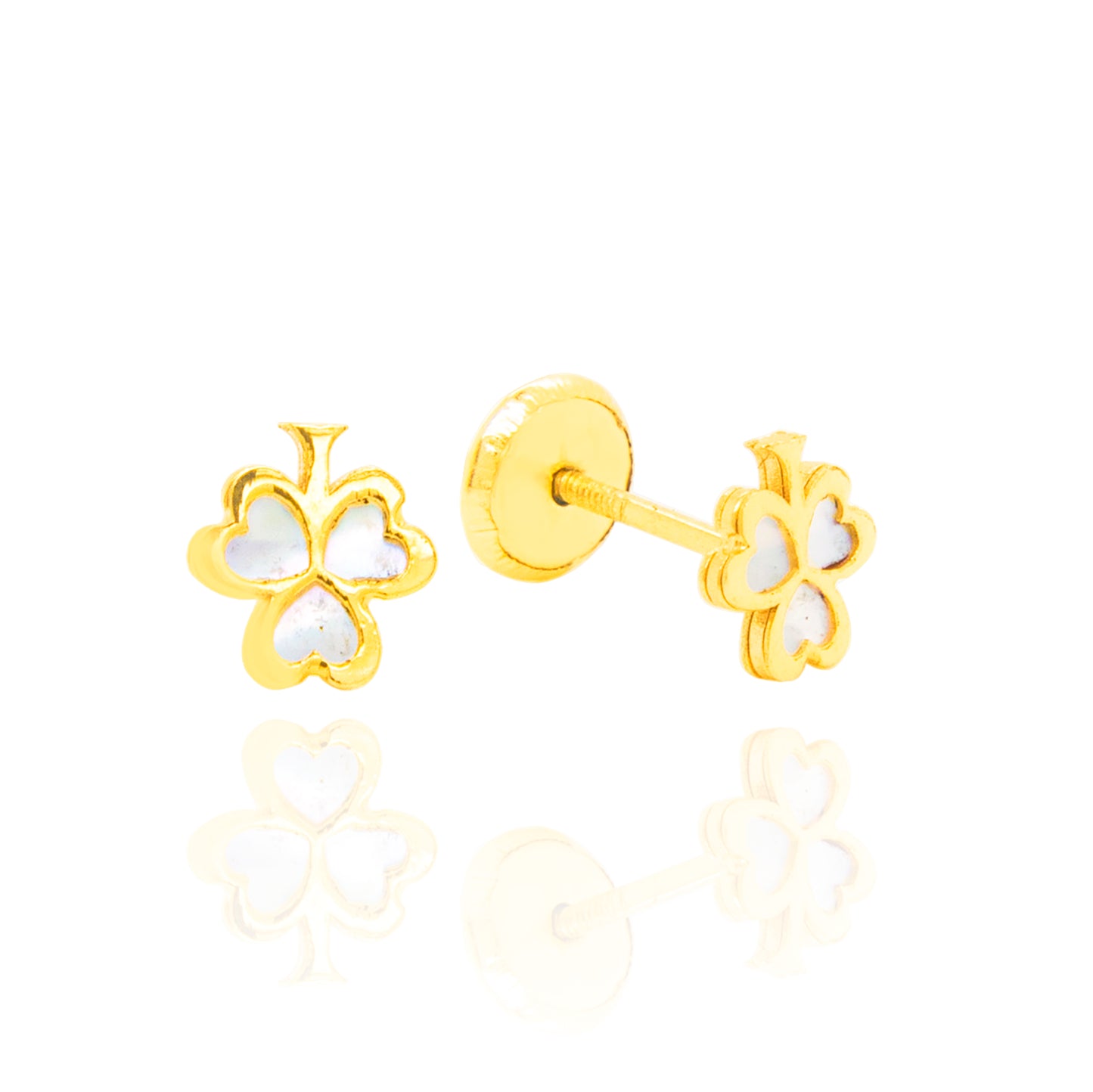 14K Yellow Gold Small Mother of Pearl Lucky Clover Screwback Earrings