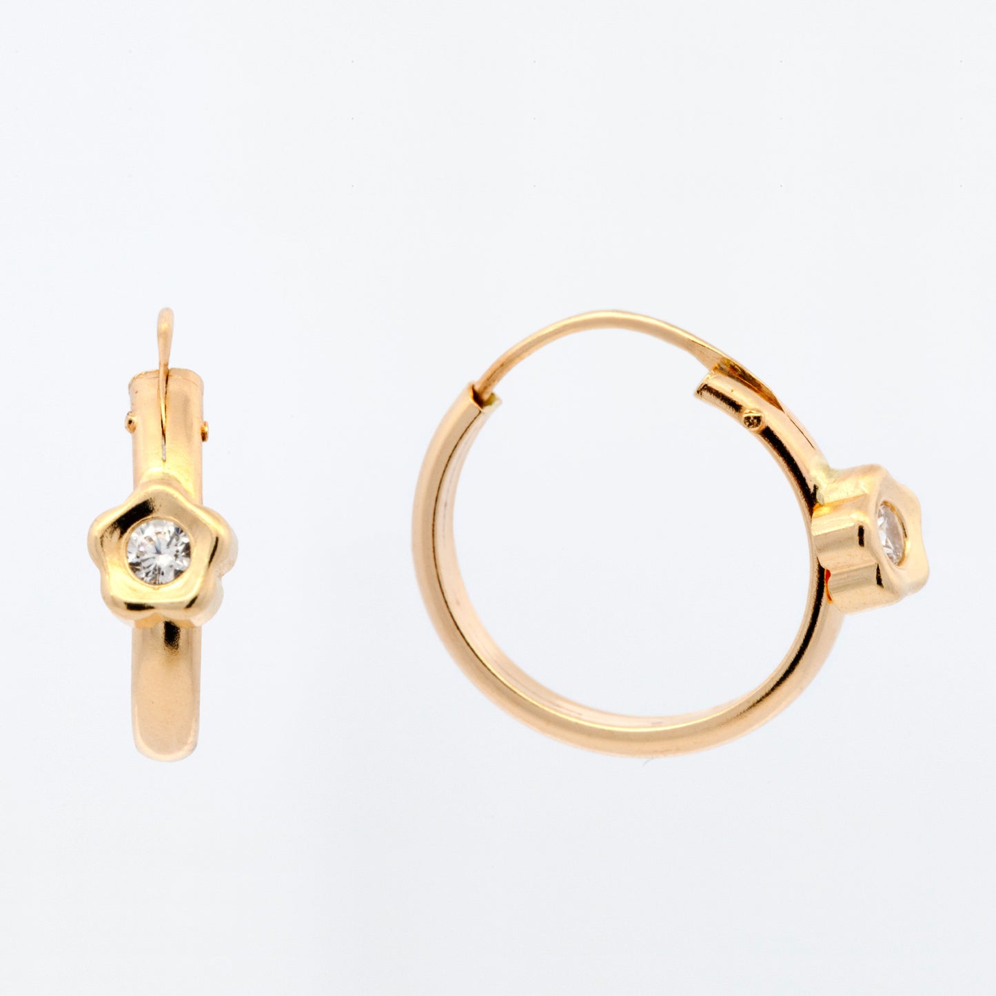14K Yellow Gold Tiny Flower with CZ Huggie Earrings
