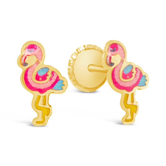 18K Yellow Gold Flamingo Enamel Screwback Earrings