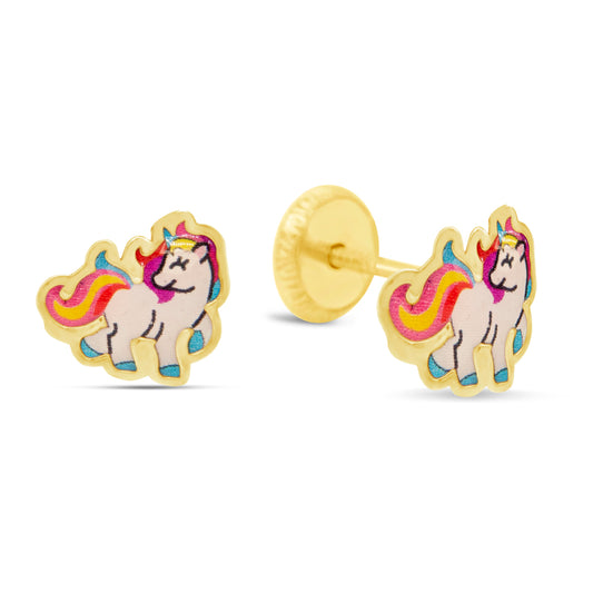 18K Yellow Gold Unicorn Enamel Screwback Earrings