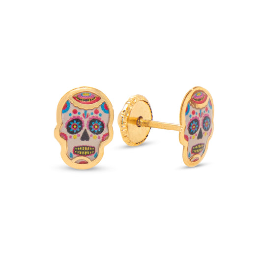 18K Yellow Gold Mexican Skull Enamel Screwback Earrings