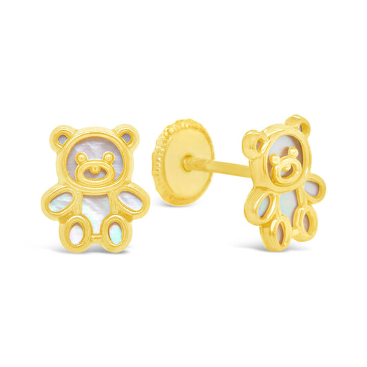 18k Yellow Gold Mother of Pearl Teddy Bear Earring