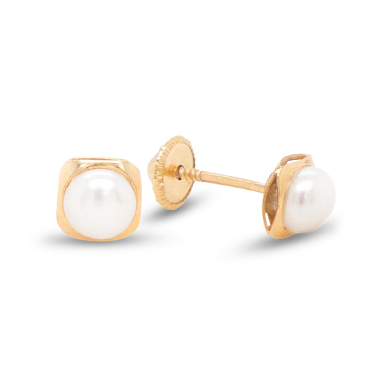 18k Yellow Gold Squared Bezel Pearl Earring