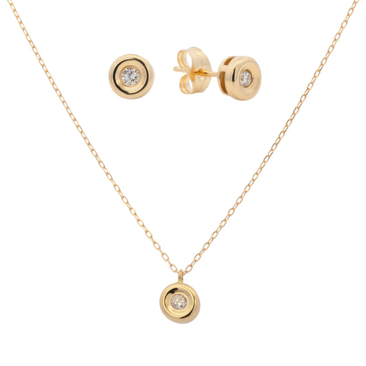 18K Yellow Gold & Diamond Bezel Earrings and Necklace Set