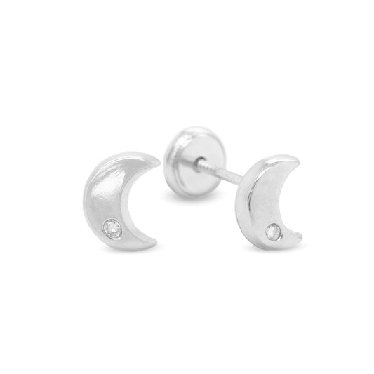 18K White Gold & Diamond Crescent Moon Screwback Earrings